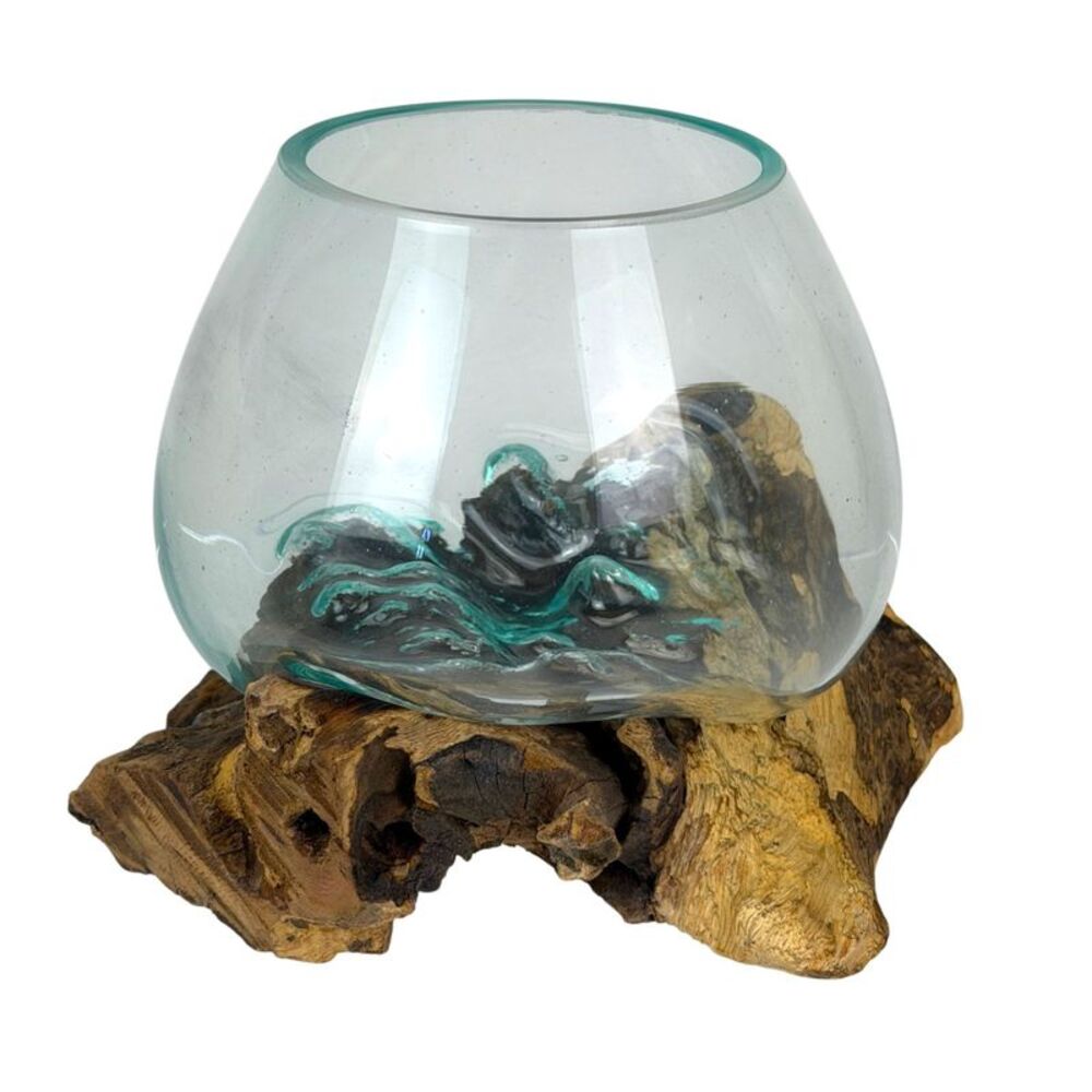 Planter Terrarium Driftwood Base Molten Glass Bowl 7.5 in Wood Glass